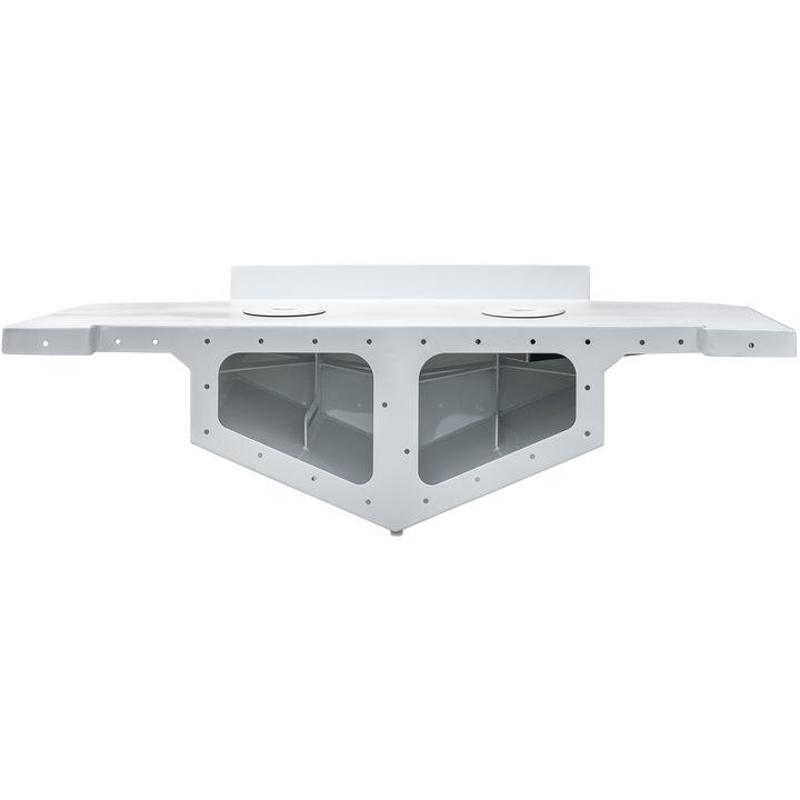 A white, rectangular high flotation bracket designed for twin engines, featuring multiple mounting holes along its edges and a stepped interior with internal support structures. The background is transparent with a checkered pattern