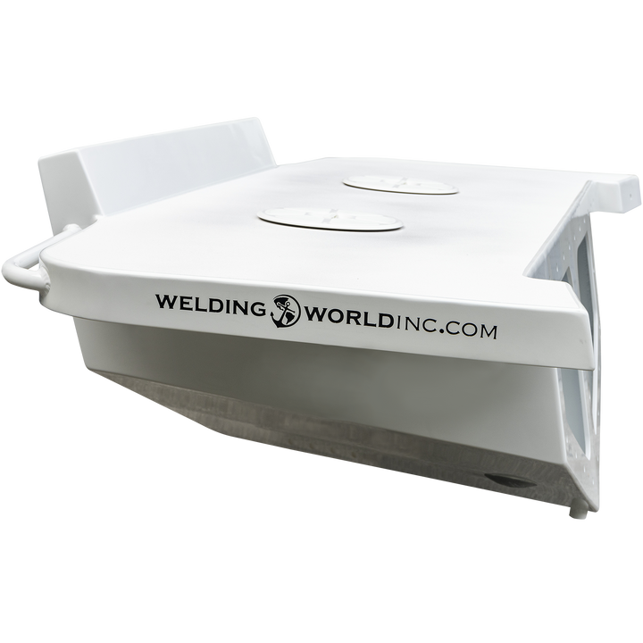 Whitewater/Seavee/Rampone 25 Twin Engine High Flotation Bracket, a large, white, rectangular marine component with multiple mounting holes, designed to support twin engines. The bracket features a flat top surface with two circular cutouts and a reinforced structure underneath. The side of the bracket displays the "Welding World Inc." logo and website. The background is transparent