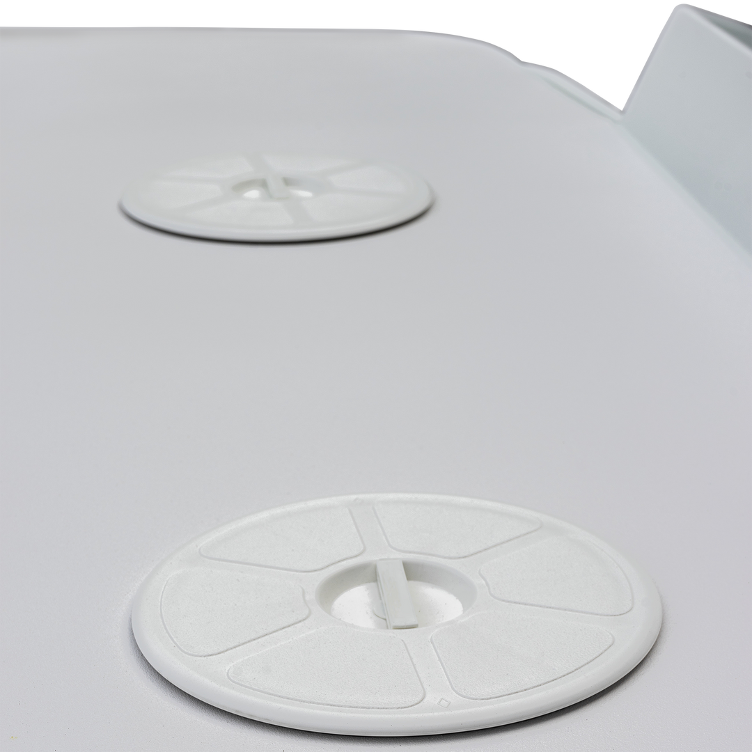 Close-up of the Whitewater/Seavee/Rampone 25 Twin Engine High Flotation Bracket, showing two white circular access caps with raised ridges, mounted on a smooth, curved white surface. The background is transparent
