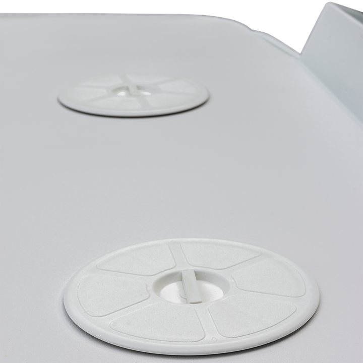 Close-up of the Whitewater/Seavee/Rampone 25 Twin Engine High Flotation Bracket, showing two white circular access caps with raised ridges, mounted on a smooth, curved white surface. The background is transparent