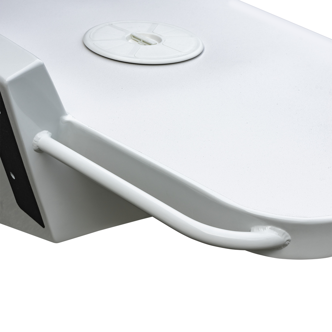 Close-up of the Whitewater/Seavee/Rampone 25 Twin Engine High Flotation Bracket, showing a white, curved support with a cylindrical reinforcement bar attached to the side. The surface is smooth and glossy, with a small round hatch or access cover visible on top. The background is transparent with a checkered pattern