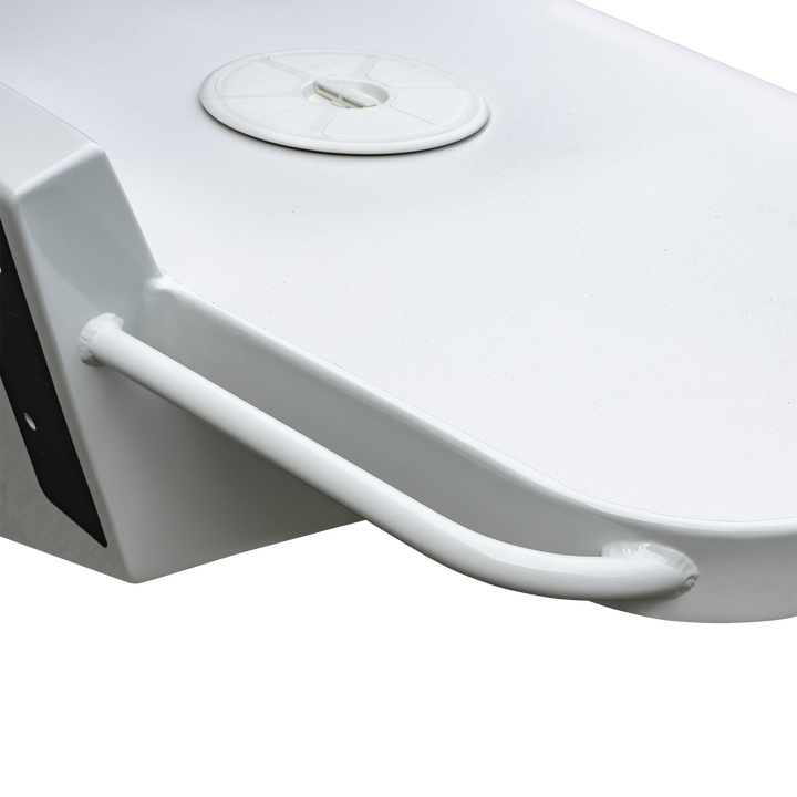 Close-up of the Whitewater/Seavee/Rampone 25 Twin Engine High Flotation Bracket, showing a white, curved support with a cylindrical reinforcement bar attached to the side. The surface is smooth and glossy, with a small round hatch or access cover visible on top. The background is transparent with a checkered pattern
