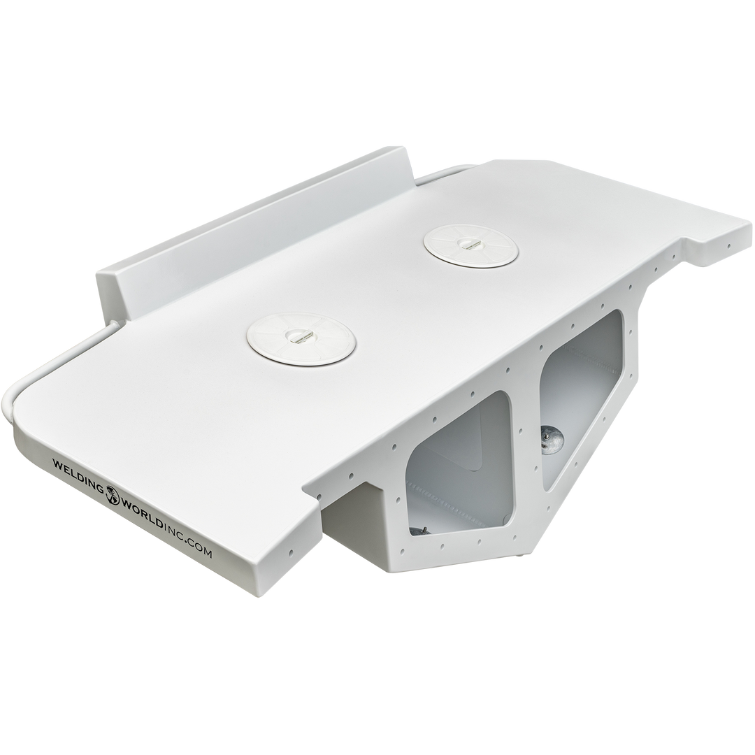  Whitewater/Seavee/Rampone 25 Twin Engine High Flotation Bracket, a large white metal component with multiple mounting holes, cutouts, and a rectangular shape. The bracket features two circular lift points on the top surface and is displayed against a transparent background with a checkered pattern. The side of the bracket has the "Welding World Inc." logo and website printed on it