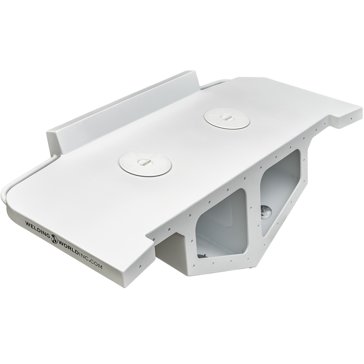  Whitewater/Seavee/Rampone 25 Twin Engine High Flotation Bracket, a large white metal component with multiple mounting holes, cutouts, and a rectangular shape. The bracket features two circular lift points on the top surface and is displayed against a transparent background with a checkered pattern. The side of the bracket has the "Welding World Inc." logo and website printed on it