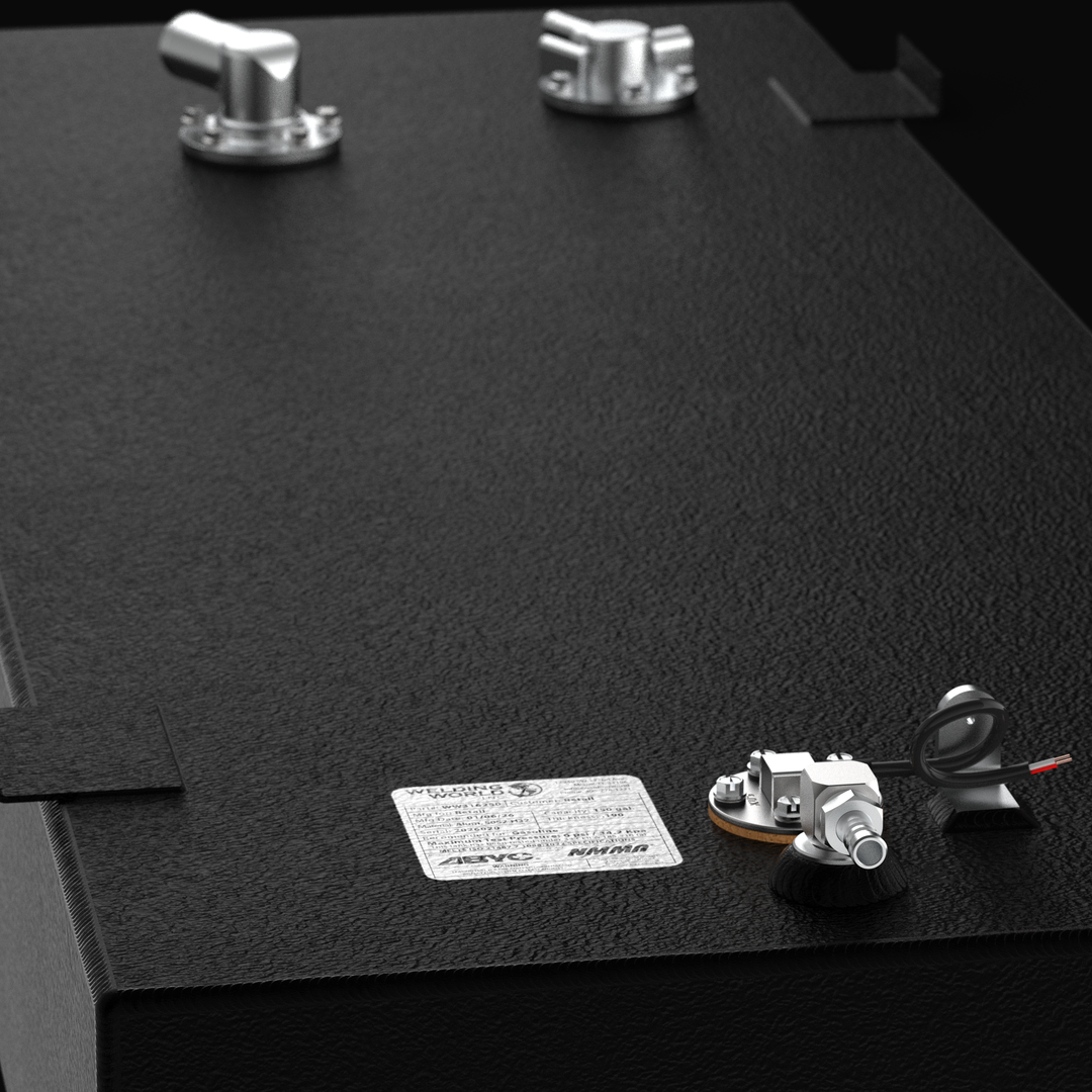 Close-up of a 50-gallon Yellowfin 21 Bay-Hybrid (2010–2023) fuel tank showing the heavy-duty Coal Tar Epoxy coating and official manufacturing label. This view highlights the precision-welded fuel pickups, sending unit, and 90-degree vent fittings required for a guaranteed OEM fit and long-term corrosion resistance in offshore marine environments.