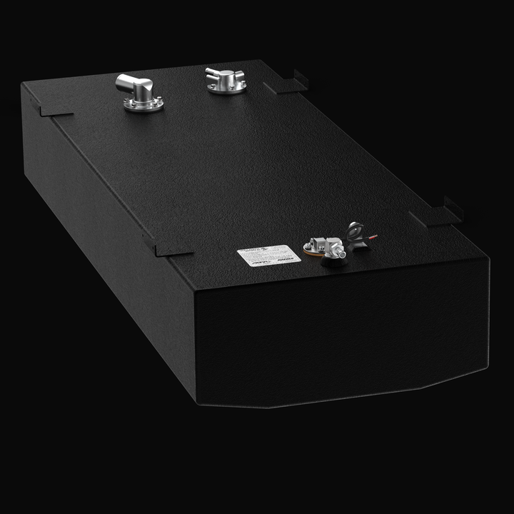 A 50-gallon Yellowfin 21 Bay-Hybrid (2010–2023) fuel tank replacement shown with a full Coal Tar Epoxy coating. The image highlights the rugged aluminum construction, precision-welded mounting tabs, and top-mounted fuel system fittings, ensuring a guaranteed OEM fit and superior protection against corrosion in offshore bay boat applications.
