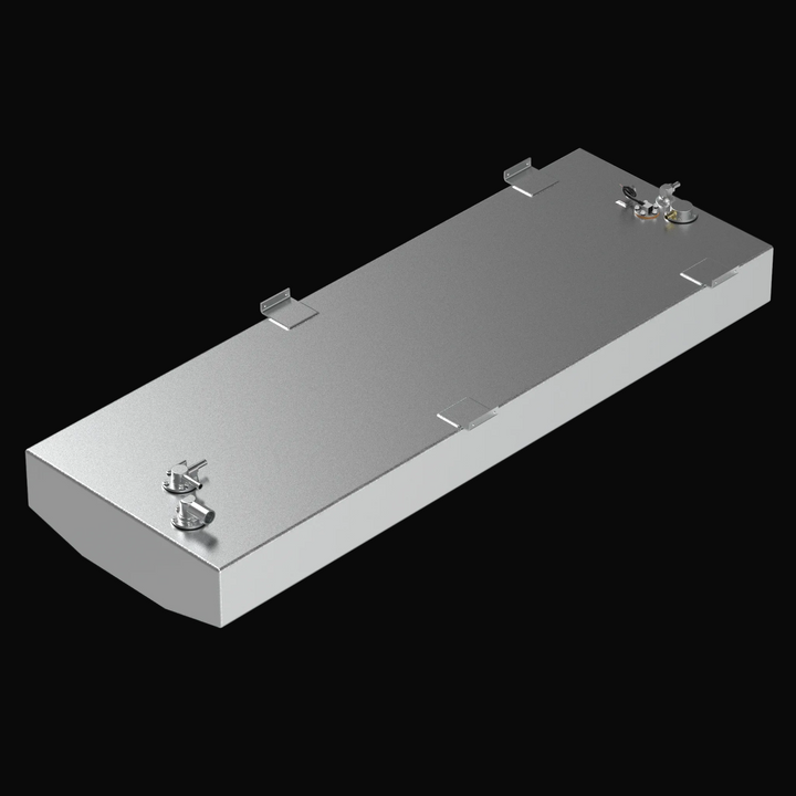 Isometric 3D rendering of a 72-gallon OEM replacement fuel tank for a 2007-2026 Yellowfin 24 Bay Boat, featuring a mill-finish marine-grade aluminum construction, V-bottom profile, and top-mounted rigging hardware.