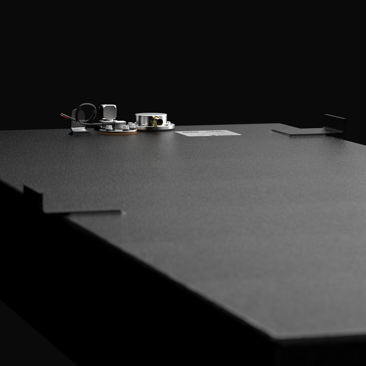 High-detail close-up 3D rendering of a 72-gallon fuel tank for a Yellowfin 24 Bay Boat, featuring a textured coal-tar epoxy finish, heavy-duty mounting tabs, and top-mounted fuel sending unit with pre-wired electrical leads.