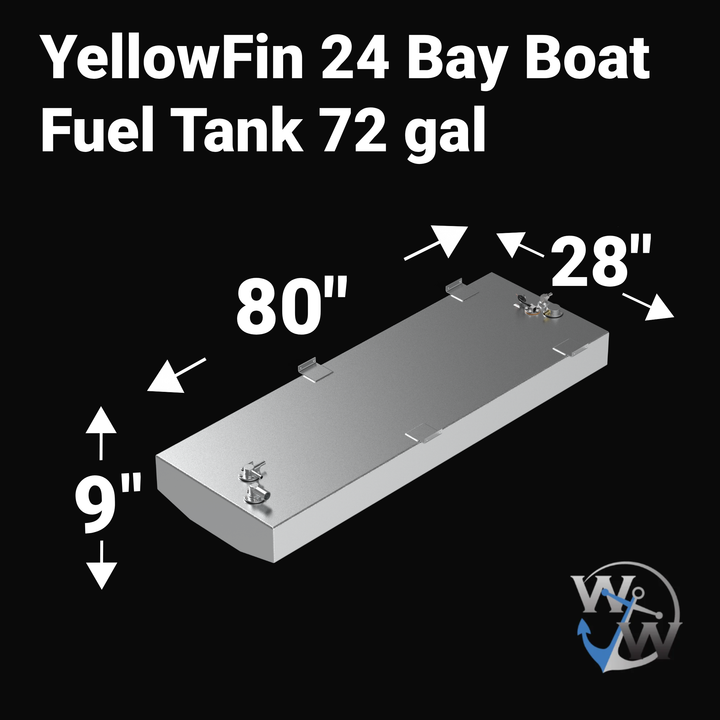 Dimensional diagram for a 72-gallon OEM replacement fuel tank for a 2007-2026 Yellowfin 24 Bay Boat, featuring engineering measurements: 80" length, 28" width, and 9" height with a V-bottom profile and top-mounted rigging hardware.