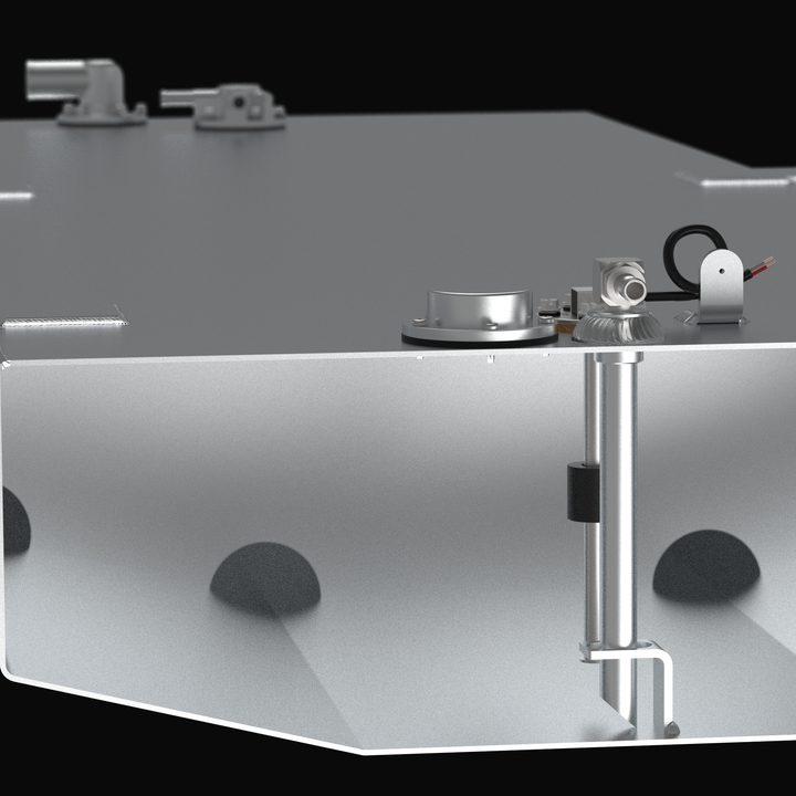 Cross-section 3D rendering of a 72-gallon fuel tank for a Yellowfin 24 Bay Boat, showcasing the internal fuel pickup tube, reed-style sending unit, and heavy-duty 3/16" aluminum baffles for superior structural integrity.