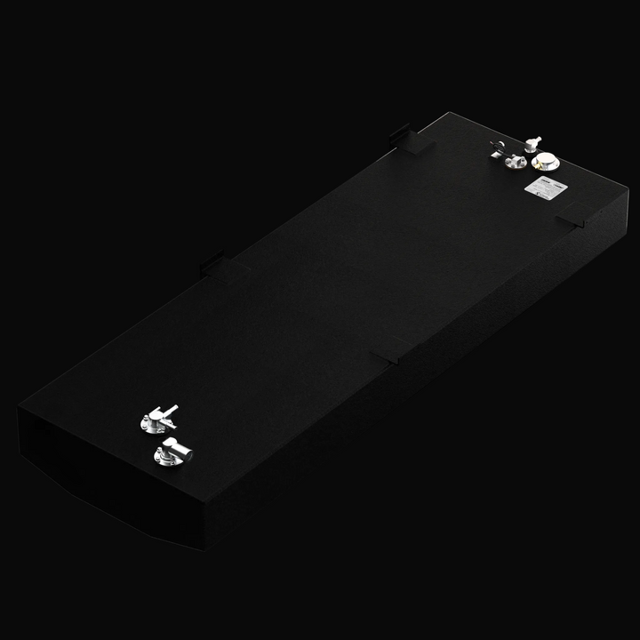 Rear-isometric 3D rendering of a 72-gallon OEM replacement fuel tank for a 2007-2026 Yellowfin 24 Bay Boat, showcasing the textured coal-tar epoxy coating, V-bottom hull profile, and top-mounted fuel fill and vent fittings.