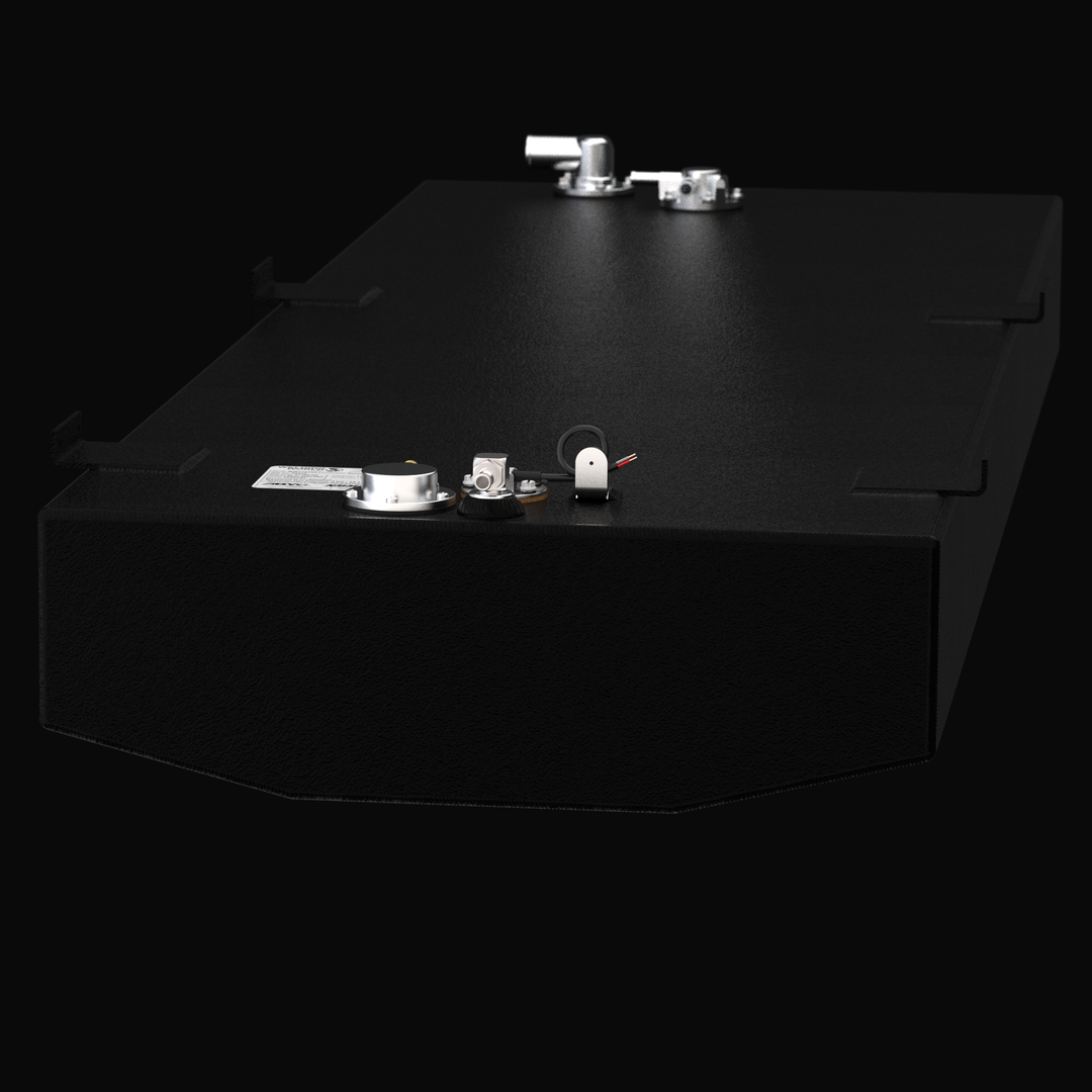 Front-profile 3D rendering of a 72-gallon OEM replacement fuel tank for a 2007-2026 Yellowfin 24 Bay Boat, showcasing the tapered V-bottom hull profile, textured coal-tar epoxy finish, and top-mounted fuel sending unit with rigging hardware.