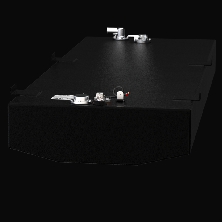 Front-profile 3D rendering of a 72-gallon OEM replacement fuel tank for a 2007-2026 Yellowfin 24 Bay Boat, showcasing the tapered V-bottom hull profile, textured coal-tar epoxy finish, and top-mounted fuel sending unit with rigging hardware.