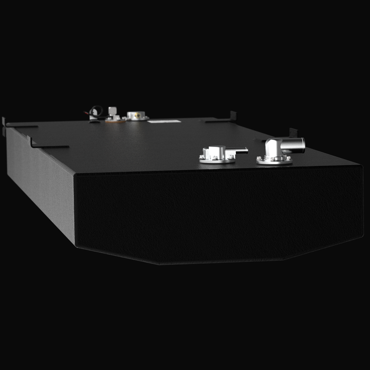Low-angle 3D rendering of a 72-gallon OEM replacement fuel tank for a Yellowfin 24 Bay Boat (2007-2026), showcasing the precision-engineered V-bottom hull profile, coal-tar epoxy finish, and heavy-duty top-mounted rigging ports.