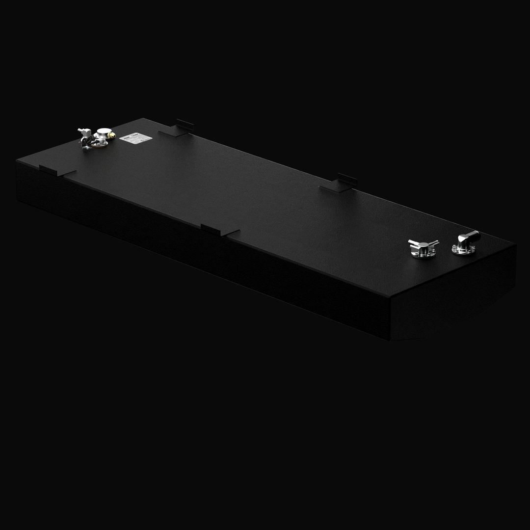 Isometric 3D rendering of a 72-gallon OEM replacement fuel tank for a 2007-2026 Yellowfin 24 Bay Boat, featuring a corrosion-resistant coal-tar epoxy finish, precision V-bottom profile, and heavy-duty top-mounted rigging hardware.