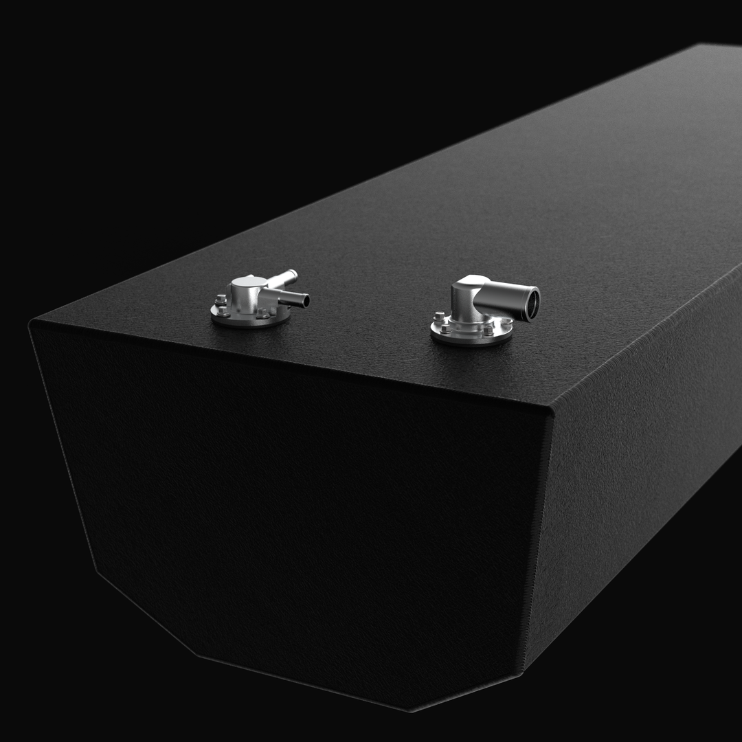 Close-up 3D rendering of the forward section of a Yellowfin 26 Center fuel tank, featuring a textured coal-tar epoxy finish and dual stainless steel fuel fill and vent fittings mounted on a tapered aluminum hull-fit design.