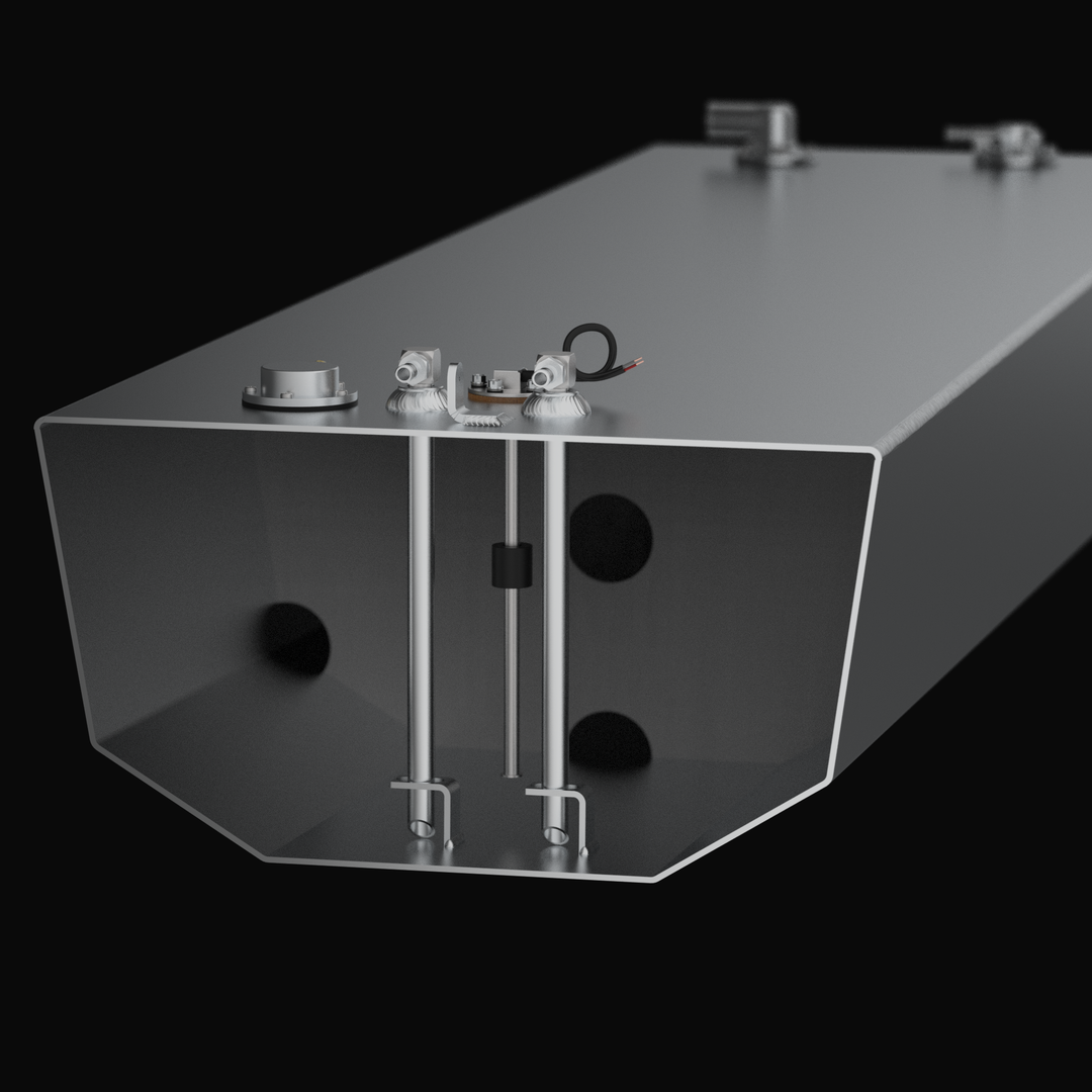 Cross-section 3D rendering of a Yellowfin 26 Center aluminum fuel tank interior, showing dual anti-siphon pickup tubes, internal slosh baffles with drainage holes, and a KUS reed-switch sending unit for accurate fuel level monitoring.