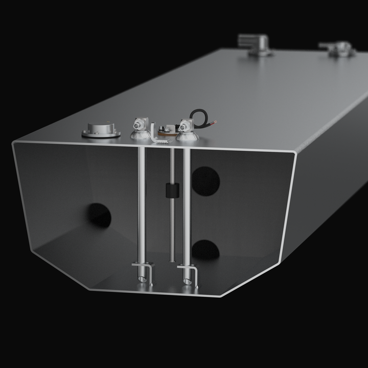 Cross-section 3D rendering of a Yellowfin 26 Center aluminum fuel tank interior, showing dual anti-siphon pickup tubes, internal slosh baffles with drainage holes, and a KUS reed-switch sending unit for accurate fuel level monitoring.