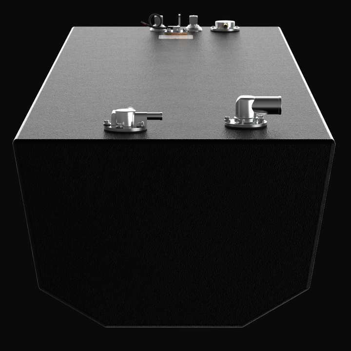 Front-angle 3D rendering of a Yellowfin 26 Center fuel tank with a textured black coal-tar epoxy finish, highlighting the tapered hull-fit design, dual fuel fill fittings, and stainless steel hardware on a solid black background.