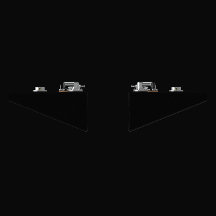 Cross-section profile 3D rendering of the mirrored port and starboard fuel tank set for a 2015-2026 Yellowfin 26 Hybrid, showcasing the specialized wedge-shaped hull contour, coal-tar epoxy finish, and low-profile top-mounted rigging hardware.
