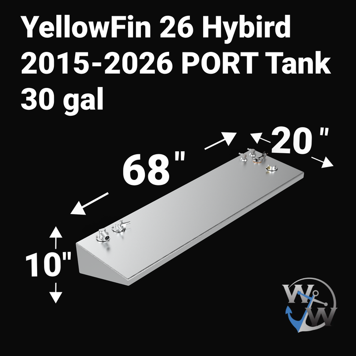 Dimensional diagram for a 30-gallon PORT saddle fuel tank for a 2015-2026 Yellowfin 26 Hybrid, featuring precise measurements: 68" length, 20" width, and a 10" wedge-style height. Rendered in mill-finish aluminum with the Welding World logo.