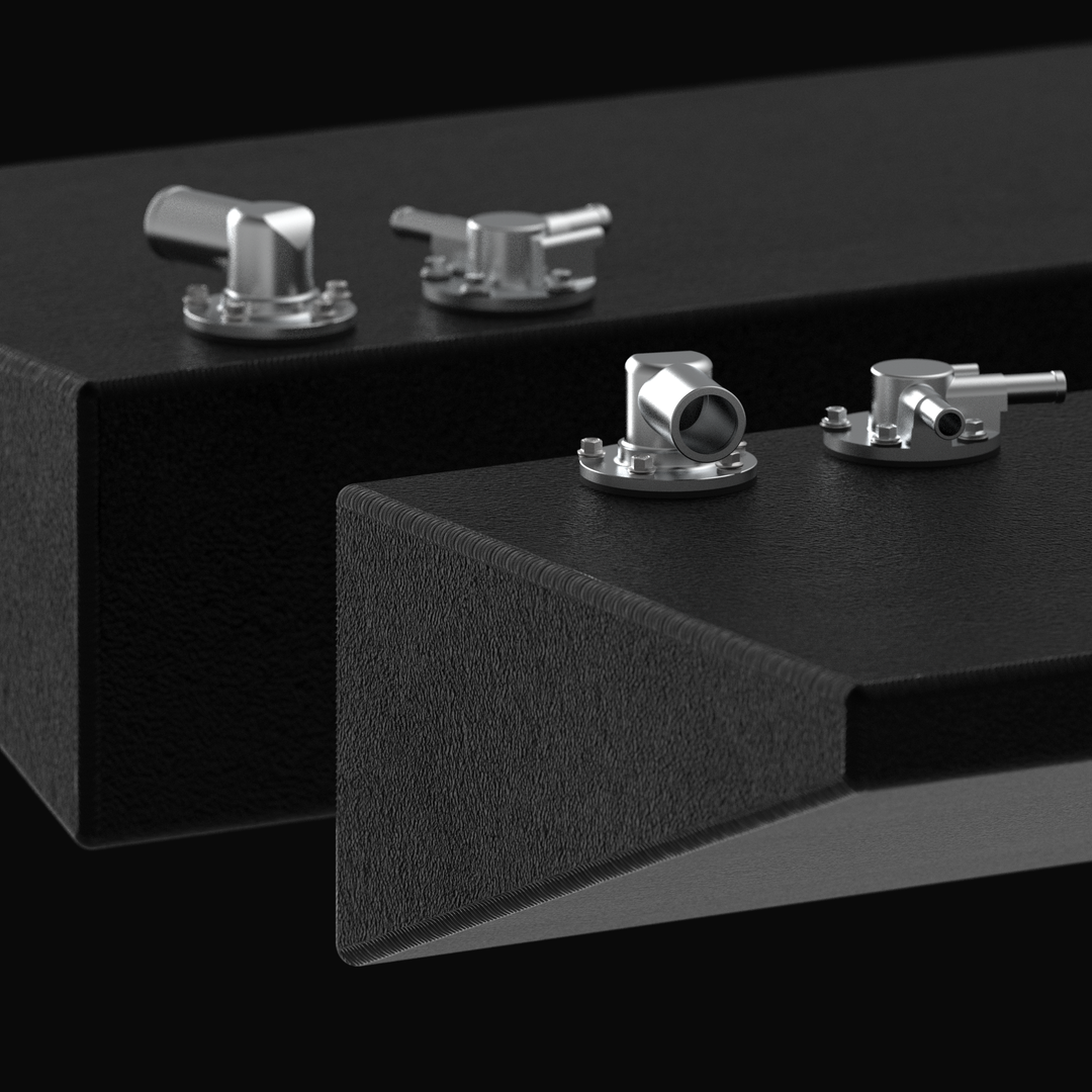 Close-up 3D rendering of the dual fuel tank replacement system for a 2015-2026 Yellowfin 26 Hybrid, showcasing the specialized wedge-shaped hull contour, textured coal-tar epoxy finish, and stainless steel fuel fill and vent fittings.