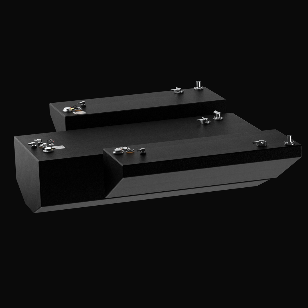 Underside and mounting-edge view of the Yellowfin 32 56-gallon saddle fuel tank, displaying the heavy-duty Coal Tar Epoxy finish. The photo highlights the precision-welded corner seams and the thick, textured protective coating designed to prevent moisture from being trapped against the aluminum hull. This OEM-spec saddle tank is engineered for long-term structural integrity and salt-water resistance in high-performance offshore bilge environments.