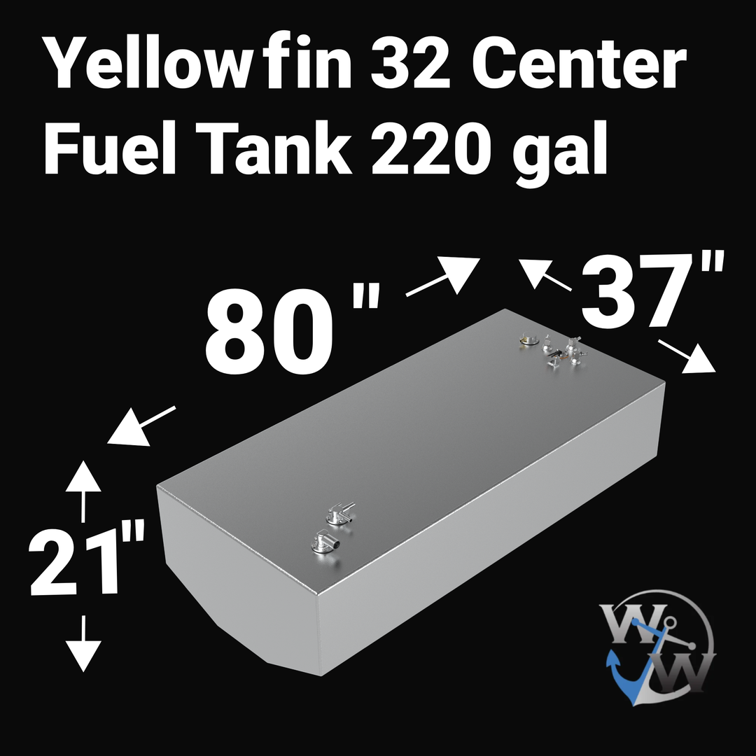 Top-down view of the Yellowfin 32 220-gallon center fuel tank highlighting the factory-spec hardware layout. This OEM replacement features a high-build Coal Tar Epoxy coating, a standard WEMA sending unit, dual brass fuel pickups, and a 1.5-inch fill neck. The elongated design is precision-engineered to fit the center-stringer cavity of the Yellowfin 32, providing a massive 220-gallon capacity for long-range offshore tournament fishing.