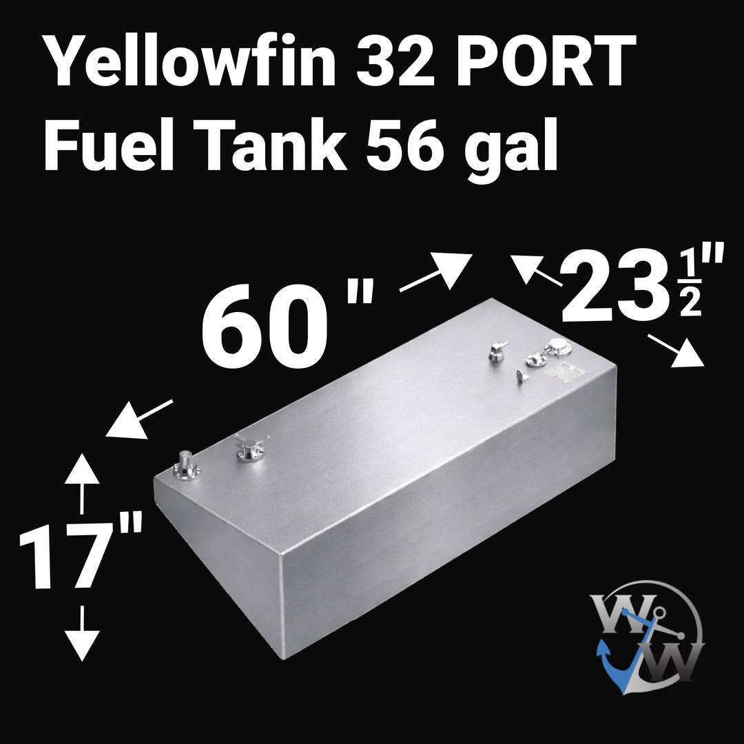 Side-profile view of the Yellowfin 32 220-gallon center fuel tank showing the uniform application of the Coal Tar Epoxy protective coating. This high-durability finish is engineered to prevent corrosion in the wet bilge environment typical of high-performance offshore center consoles. The image highlights the tank's elongated design and the forward-positioned 1.5-inch fuel fill and vent fittings, ensuring a perfect OEM-spec fit for the Yellowfin 32 fuel system.