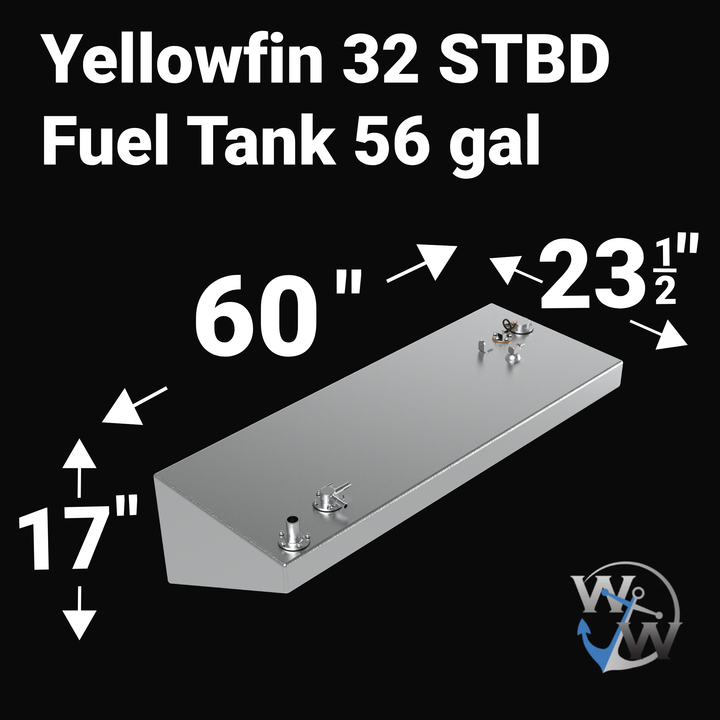 Side-angle view of the Yellowfin 32 220-gallon center fuel tank showcasing the high-build Coal Tar Epoxy finish and integrated mounting tabs. This image highlights the rugged construction and industrial-grade protective coating designed for the center-stringer cavity of a high-performance Yellowfin 32. The uniform encapsulation ensures maximum resistance to the corrosive bilge environment, providing a durable, long-term OEM replacement solution for serious offshore anglers.