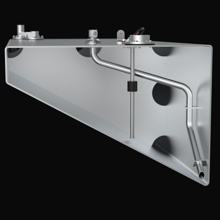 Underside and corner detail of the Yellowfin 32 56-gallon saddle fuel tank, highlighting the seamless heavy-duty welds and full-surface Coal Tar Epoxy encapsulation. This protective coating is essential for saddle tanks positioned in the outer stringers, where moisture contact is frequent. The image displays the precision-bent aluminum edges and the uniform thickness of the epoxy barrier, ensuring this OEM replacement meets the rigorous demands of offshore performance and long-term durability.