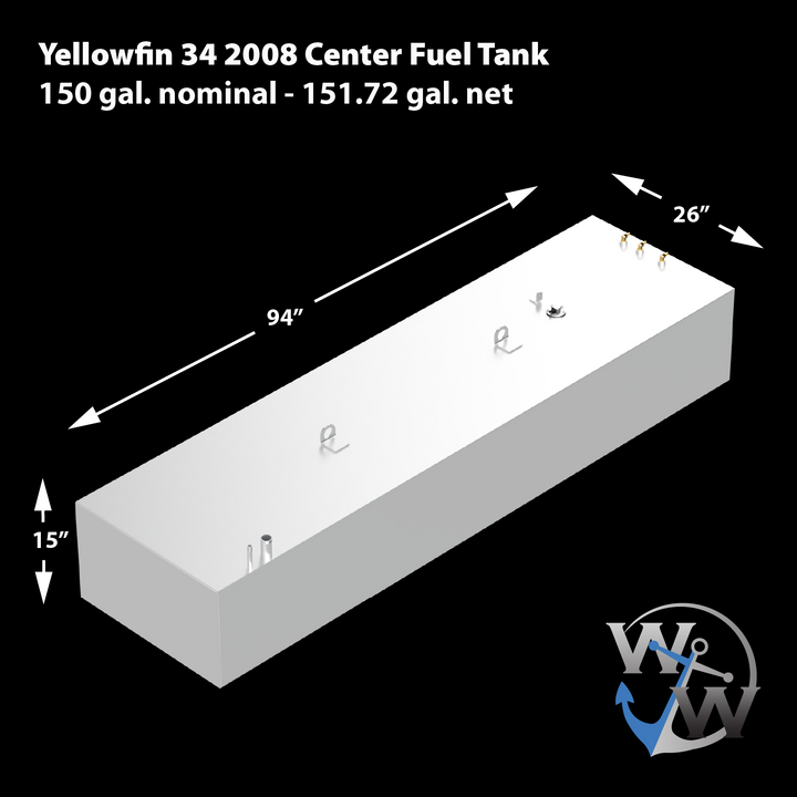 A diagram of a Yellowfin 34 2008 Center Fuel Tank, 150 gallons nominal - 151.72 gallons net, rendered in a light gray color against a black background. The rectangular tank has dimensions indicated by arrows: 94 inches in length, 15 inches in height, and 26 inches in width. Various fittings are visible on its top surface, including several small golden cylindrical components, a circular cap with a central bolt, and a few small loops. A logo with two 'W's and an anchor is located in the bottom right corner