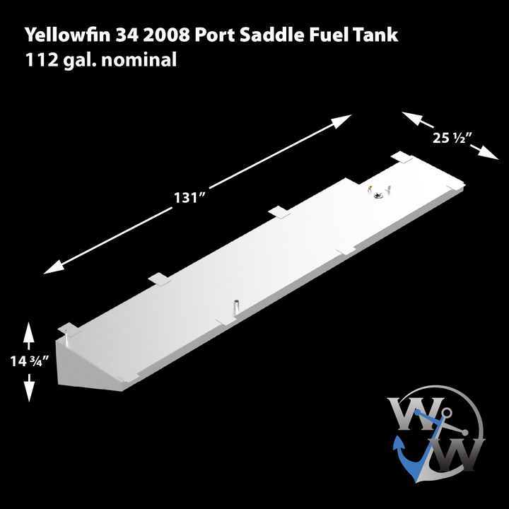 A diagram of a Yellowfin 34 2008 Port Saddle Fuel Tank, 112 gallons nominal, rendered in light gray against a black background. The tank has an elongated, somewhat irregular shape, with dimensions indicated by arrows: 131 inches in length, 14 3/4 inches in height at one end, and 25 1/2 inches in width at the wider end. The top surface features several small rectangular protrusions, two cylindrical fittings, a small brass-colored component, and a circular cap with a central bolt