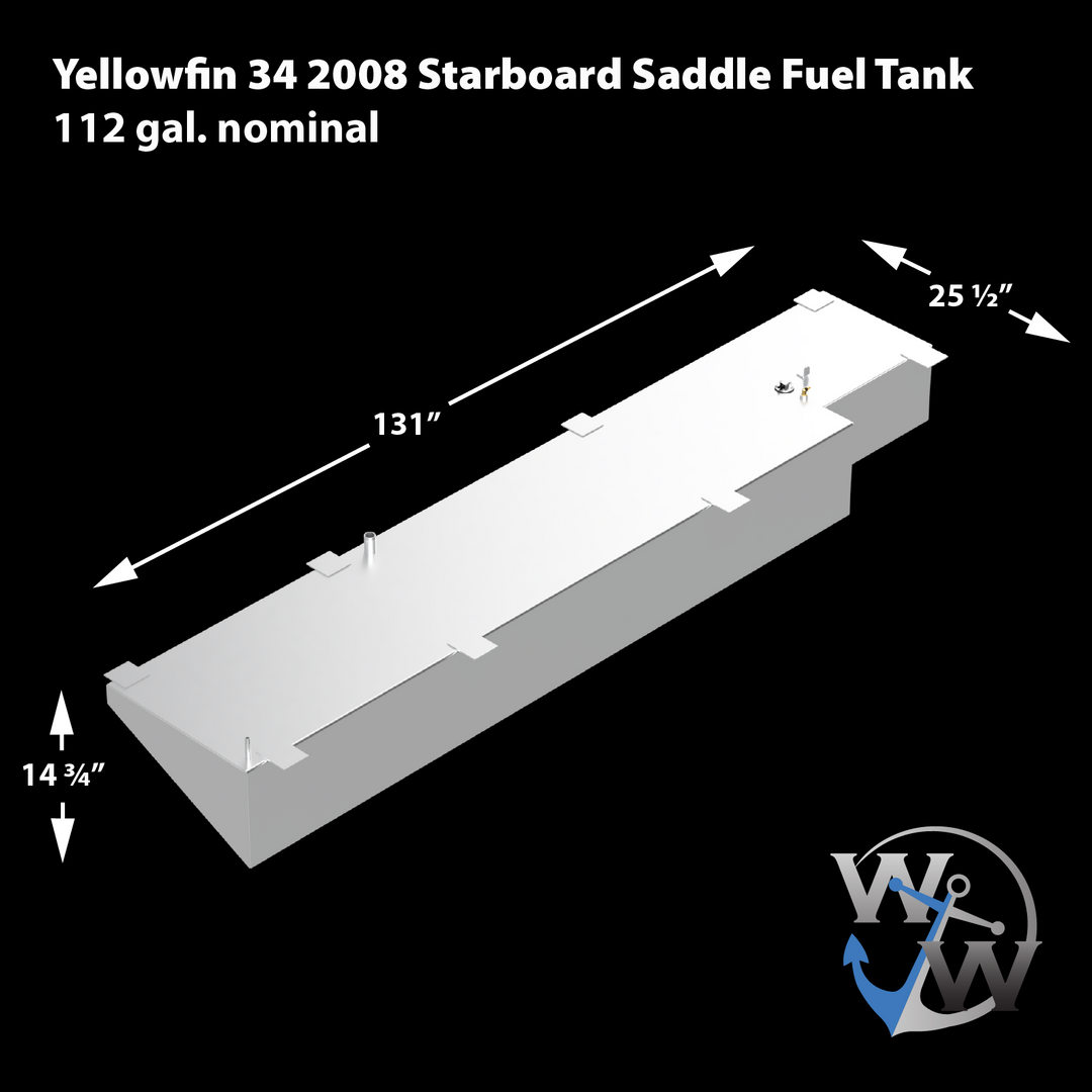 A diagram of a Yellowfin 34 2008 Starboard Saddle Fuel Tank, 112 gallons nominal, rendered in a light gray against a black background. The tank has an elongated, irregular shape with a section cut out along one side. Dimensions are indicated: 131 inches in length, 14 3/4 inches in height at one end, and 25 1/2 inches in width at the wider section. Various fittings are visible on its top surface, including several small rectangular protrusions, a cylindrical fitting