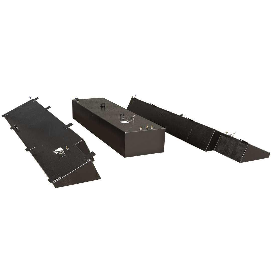 A set of three dark-colored, textured fuel tanks for a Yellowfin 34 2008. The central tank is a rectangular 'belly' tank with a capacity of 151 gallons. On either side are two elongated, irregularly shaped 'saddle' tanks, each with a capacity of 112 gallons. All tanks feature various fittings, sensors, and connections on their top surfaces, suggesting they are part of a complete marine fuel system