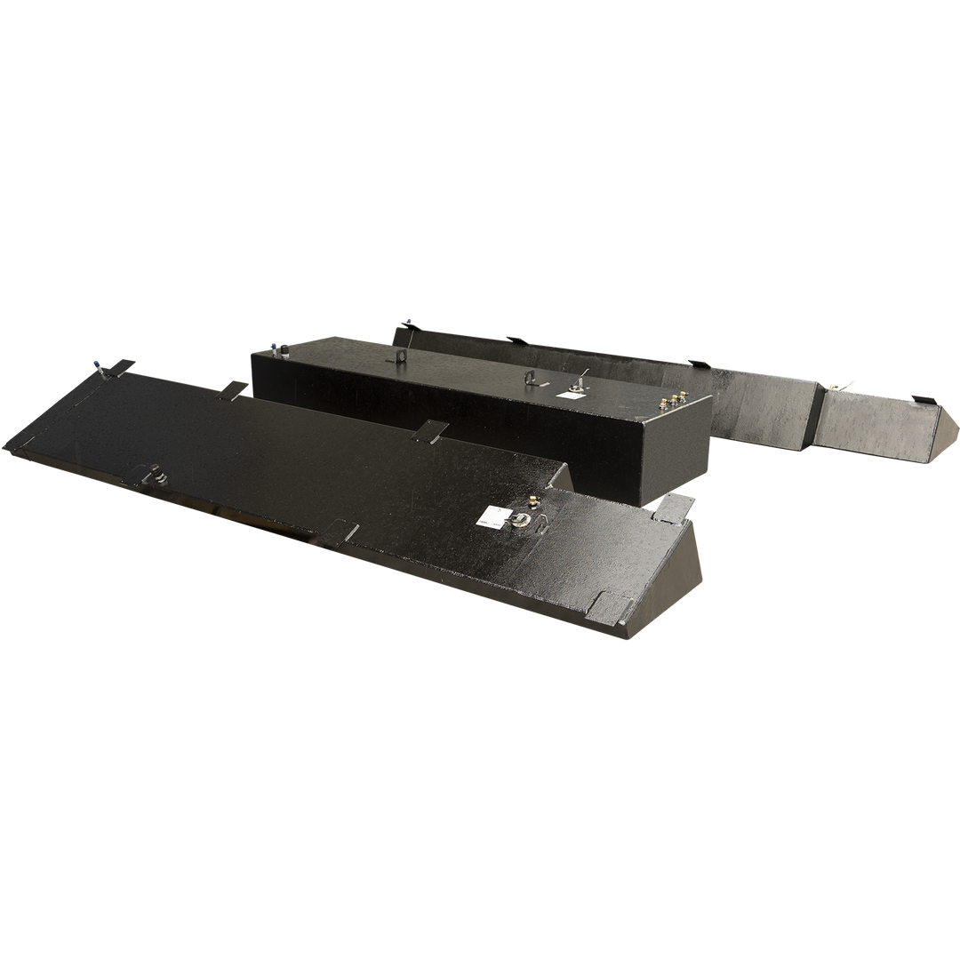 A set of three dark-colored, textured fuel tanks for a Yellowfin 34 2008 boat. One tank is a rectangular 'belly' tank, and the other two are elongated, irregularly shaped 'saddle' tanks, each with angled ends. All tanks are equipped with various marine fittings and connections on their top surfaces, including fill ports, vents, and fuel level sensors
