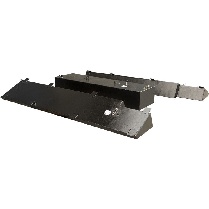 A set of three dark-colored, textured fuel tanks for a Yellowfin 34 2008 boat. One tank is a rectangular 'belly' tank, and the other two are elongated, irregularly shaped 'saddle' tanks, each with angled ends. All tanks are equipped with various marine fittings and connections on their top surfaces, including fill ports, vents, and fuel level sensors