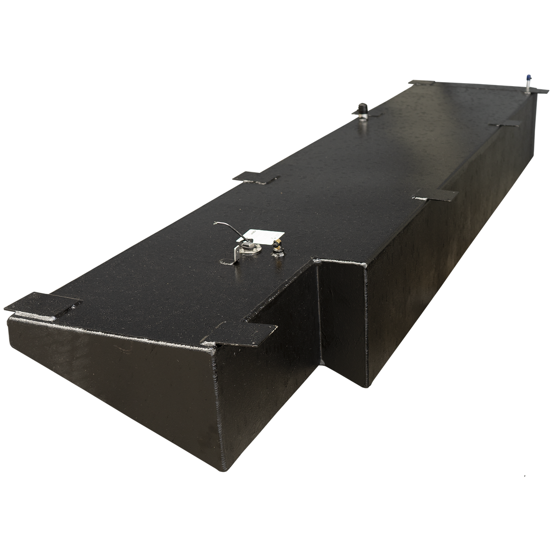 A long, black, rectangular fuel tank with a textured finish. The tank has an L-shaped cutout on one end and features several components on its top surface, including a brass fitting, a sensor with wires, two small cylindrical fittings, and multiple flat mounting brackets. The tank appears robust and designed for marine use