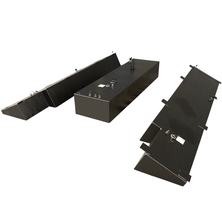 A three-tank combo kit for a Yellowfin 34 2008, consisting of one 151-gallon belly tank and two 112-gallon saddle tanks, all in a dark, textured finish. The belly tank is rectangular and positioned centrally, while the two saddle tanks are trapezoidal, angled, and placed on either side. All tanks feature various fittings, sensors, and connections on their top surfaces, suitable for marine fuel systems