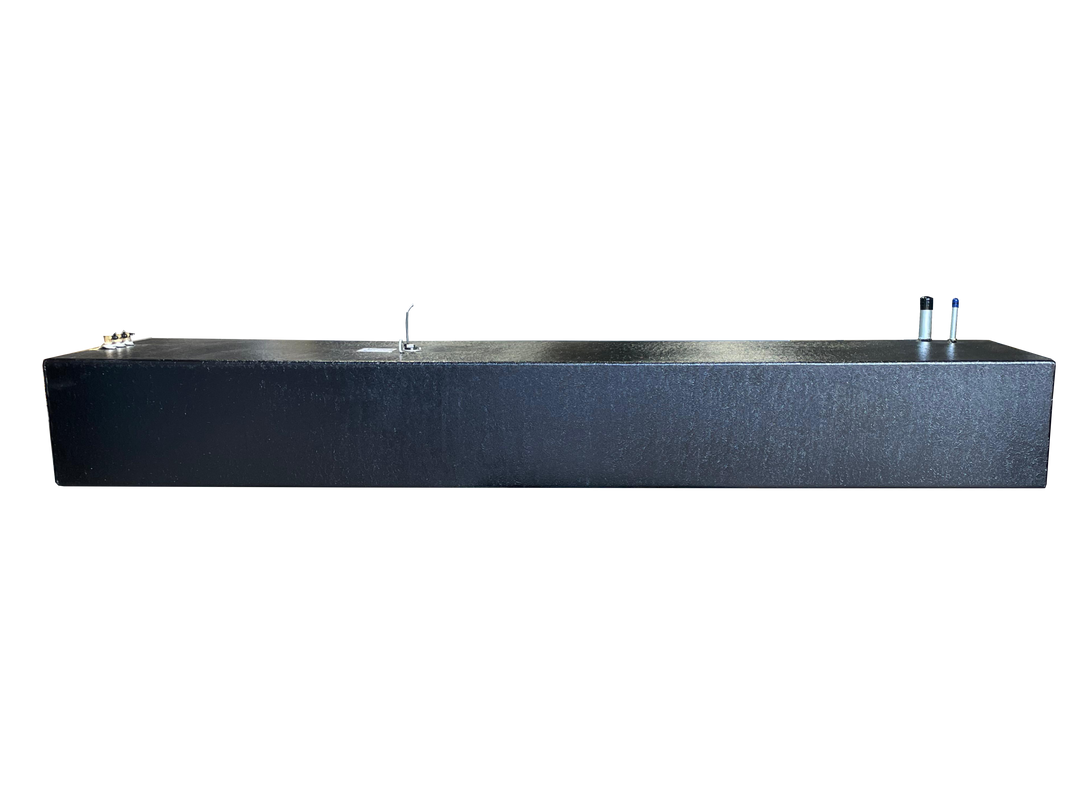 A long side profile photo of a dark, textured boat fuel tank, showing its various top-mounted fittings against a transparent checkerboard background.