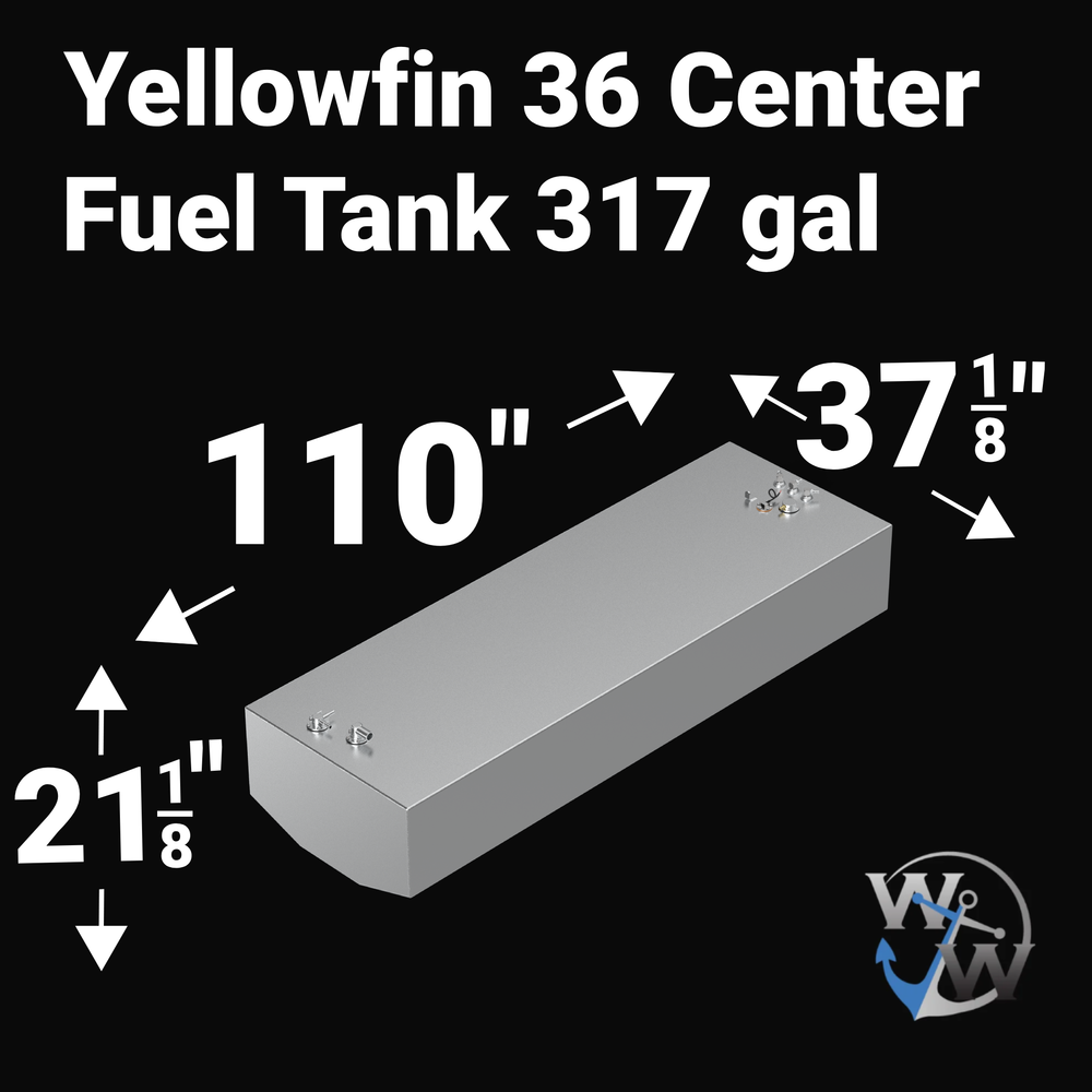 Dimensional technical diagram for a Yellowfin 36 Center Fuel Tank replacement, specifying measurements of 110" length, 37 1/8" width, and 21 1/8" height. This 317-gallon tank is precision-engineered for a guaranteed OEM fit in Yellowfin 36 hulls, constructed from heavy-duty .190" marine-grade aluminum to ensure maximum durability and compliance with USCG/NMMA safety standards.