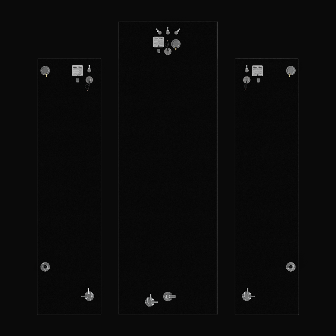 Top-down plan view of a complete three-tank Yellowfin 36 OEM replacement fuel system, specifying the layout for the 317-gallon center tank and the dual 80-gallon port and starboard wing tanks. All units feature a high-durability black Coal Tar Epoxy finish and precision-aligned top-mounted hardware, including 316 stainless steel pickup tubes, fuel senders, and EPA-compliant fittings. Engineered to original factory specifications for a guaranteed drop-in fit and maximum corrosion resistance.
