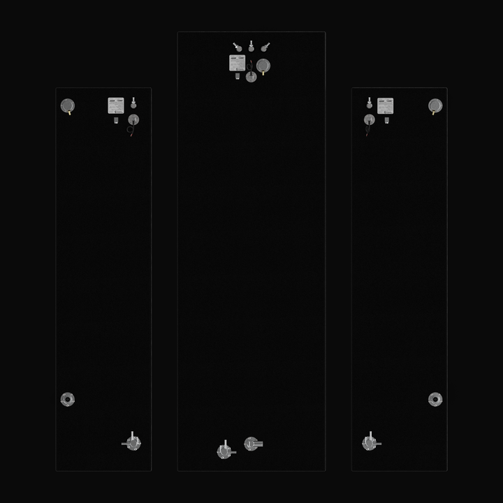 Top-down plan view of a complete three-tank Yellowfin 36 OEM replacement fuel system, specifying the layout for the 317-gallon center tank and the dual 80-gallon port and starboard wing tanks. All units feature a high-durability black Coal Tar Epoxy finish and precision-aligned top-mounted hardware, including 316 stainless steel pickup tubes, fuel senders, and EPA-compliant fittings. Engineered to original factory specifications for a guaranteed drop-in fit and maximum corrosion resistance.