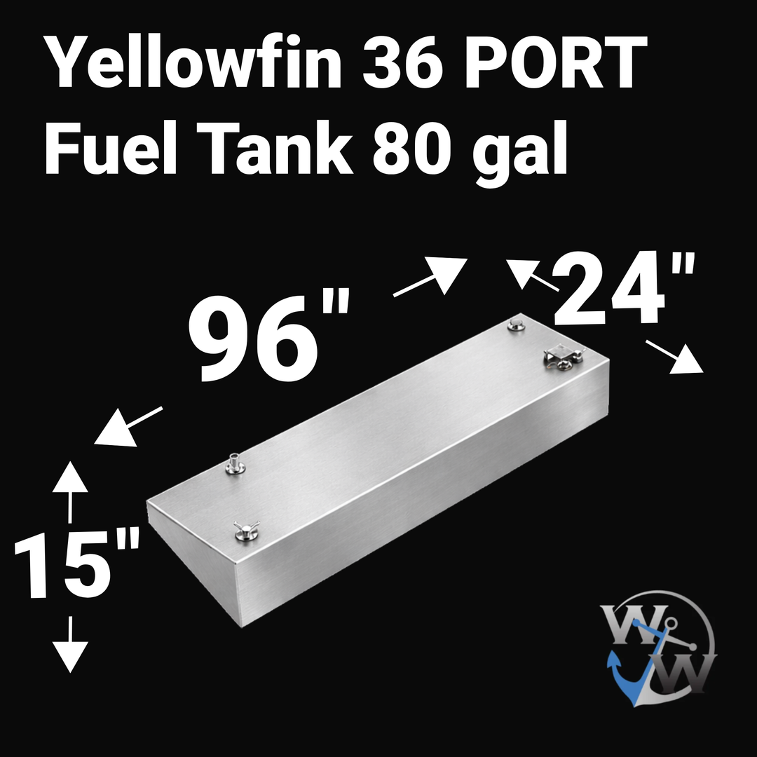 Dimensional technical diagram for a Yellowfin 36 Port Fuel Tank replacement, specifying measurements of 96" length, 24" width, and 15" height. This 80-gallon auxiliary wing tank features precision-engineered hull-conforming geometry for a guaranteed OEM fit, constructed from heavy-duty .190" marine-grade aluminum to ensure maximum durability and full USCG/NMMA compliance.