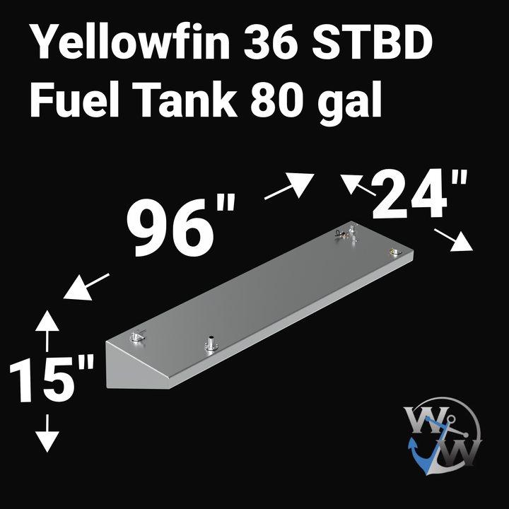 Dimensional technical diagram for a Yellowfin 36 Starboard (STBD) Fuel Tank replacement, specifying measurements of 96" length, 24" width, and 15" height. This 80-gallon auxiliary wing tank features precision-engineered hull-conforming geometry for a guaranteed OEM fit, constructed from heavy-duty .190" marine-grade aluminum to ensure maximum durability and full USCG/NMMA compliance.