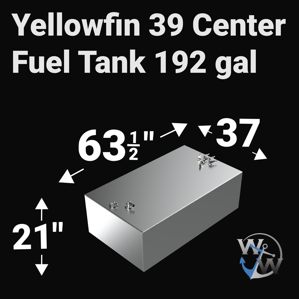 Dimensional technical diagram for a raw aluminum Yellowfin 39 replacement center fuel tank featuring a high-capacity 192-gallon design. The graphic displays precise technical specifications with measurements of 63-1/2" length, 37" width, and 21" height, showcasing a flat-bottom rectangular configuration engineered for central hull cavity placement. The top deck displays an unsealed variant layout complete with a forward fuel line setup on the left, alongside an aft-oriented cluster on the right containing a