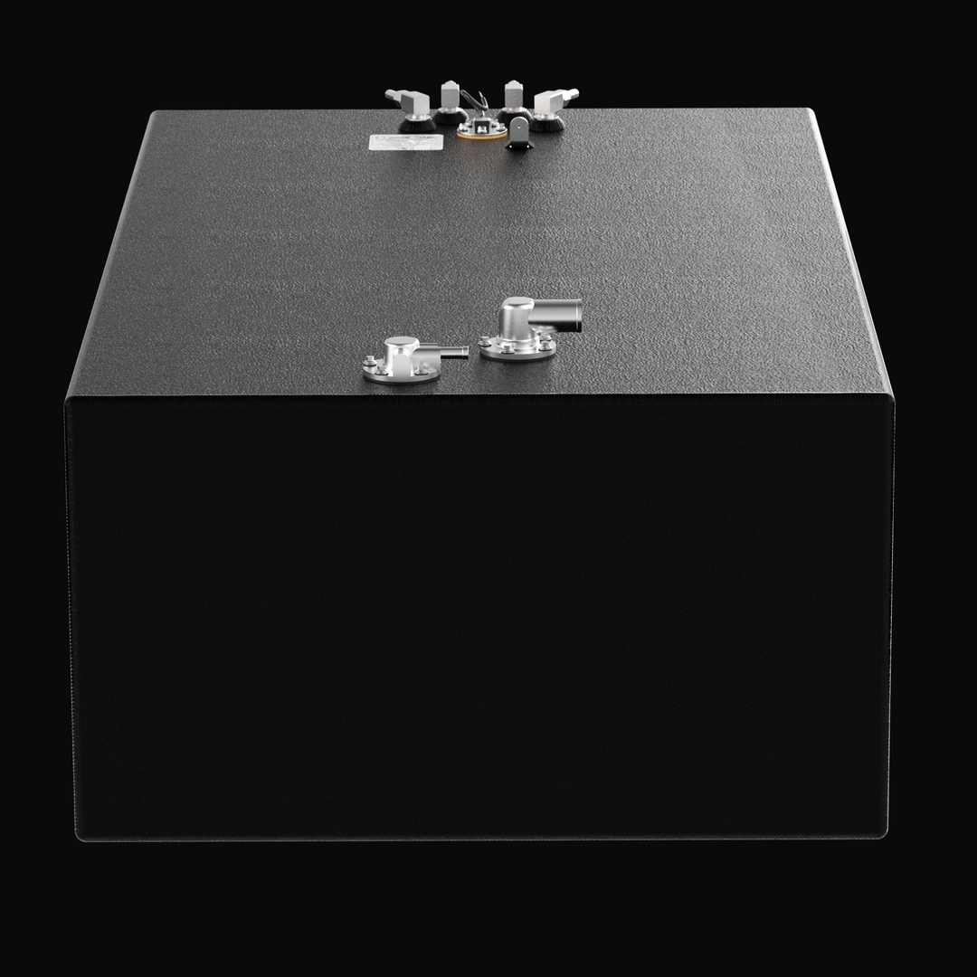 A straight-on end elevation view of a black rectangular tank unit, showcasing a Yellowfin 39 OEM replacement marine center auxiliary fuel tank. This high-capacity centerline tank features a flat-bottom configuration engineered by Welding World to sit perfectly within the main center hull cavity of the vessel. The tank is masterfully constructed from heavy-gauge marine-grade 5052-H32 aluminum and completely encapsulated in an anti-corrosive, textured black TarGard epoxy coating. The level top deck showcases 