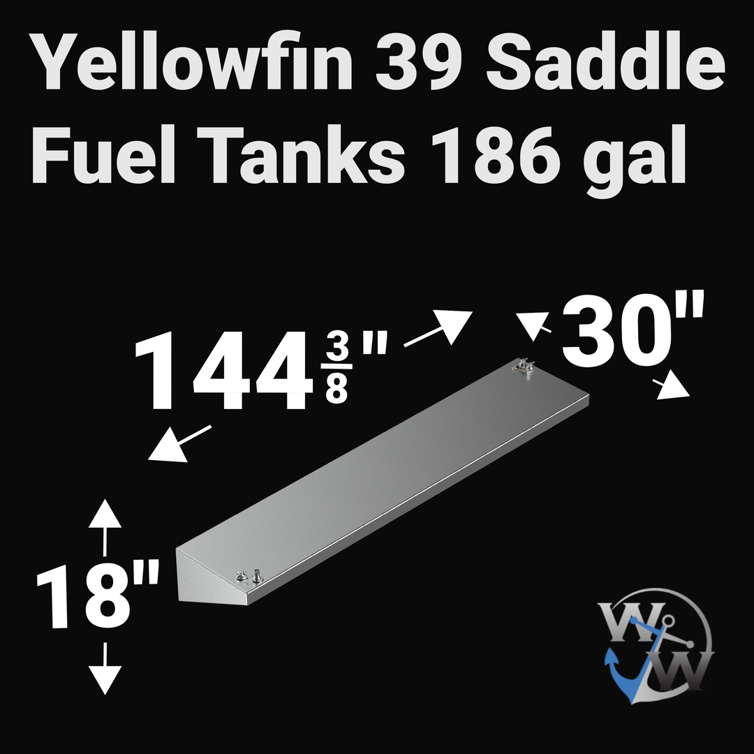 Dimensional technical diagram for a raw aluminum Yellowfin 39 replacement saddle fuel tank featuring a high-capacity 186-gallon design. The graphic displays precise technical specifications with measurements of 144-3/8" length, 30" width, and 18" height, showcasing a specialized wedge-shaped angled bottom profile engineered to conform seamlessly to the outboard wing contour of the vessel's hull. The top deck displays an unsealed variant layout complete with a forward-mounted fuel connection pair on the left