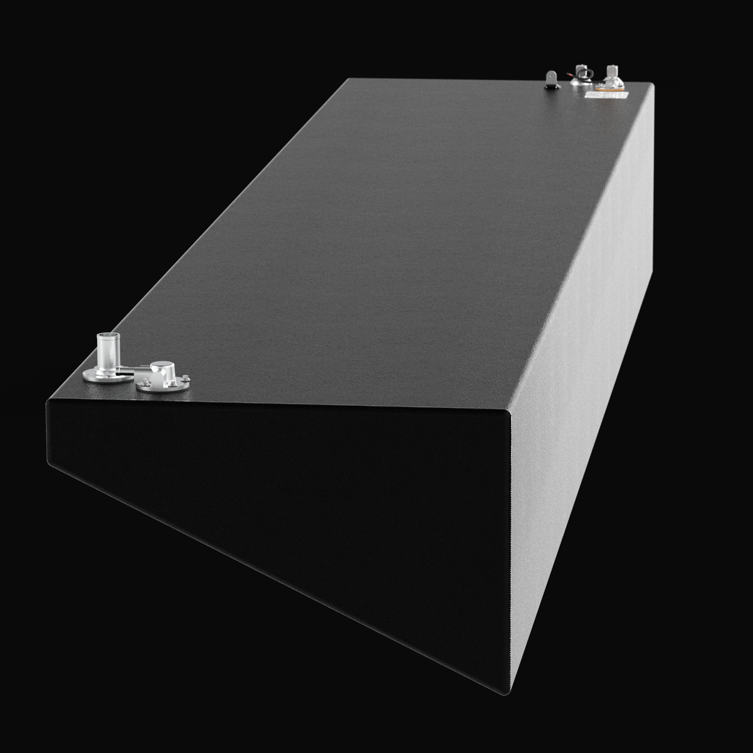 A longitudinal three-quarter perspective rendering of a single black saddle-style tank unit, showcasing a Yellowfin 39 OEM replacement marine wing fuel tank. This high-capacity fuel cell highlights a dramatic wedge-shaped angled bottom profile, precisely engineered by Welding World to conform seamlessly to the outboard wing contour of the vessel's hull. The tank is masterfully constructed from heavy-gauge marine-grade 5052-H32 aluminum and fully sealed in an anti-corrosive, textured black TarGard epoxy coat