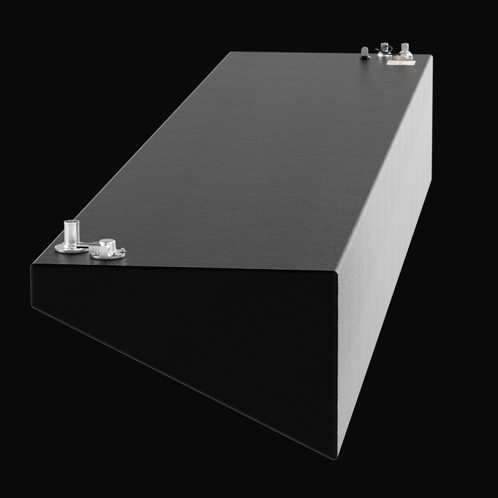 A longitudinal three-quarter perspective rendering of a single black saddle-style tank unit, showcasing a Yellowfin 39 OEM replacement marine wing fuel tank. This high-capacity fuel cell highlights a dramatic wedge-shaped angled bottom profile, precisely engineered by Welding World to conform seamlessly to the outboard wing contour of the vessel's hull. The tank is masterfully constructed from heavy-gauge marine-grade 5052-H32 aluminum and fully sealed in an anti-corrosive, textured black TarGard epoxy coat